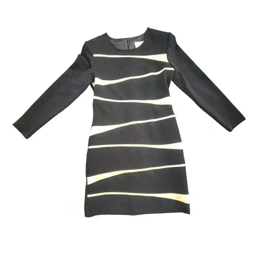 Joseph Ribkoff Black Bodycon Knit Dress Gold Diagonal Blocking Size 8 Vintage - Picture 1 of 10